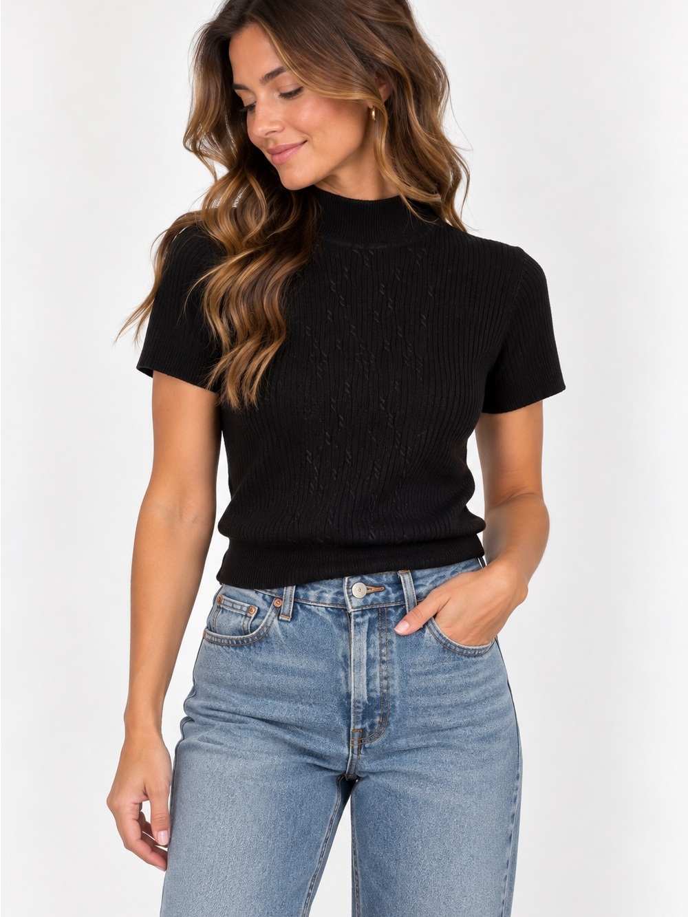 Vintage Villager Petite Liz Claiborne Black Cable Knit Mock Neck Sweater PL